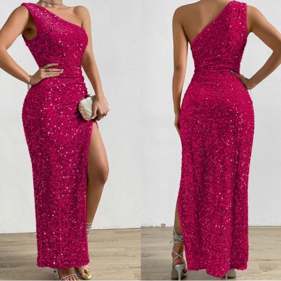 Luxe baby pink one shoulder slit thigh party formal evening sequins dress - Picture 4 of 16